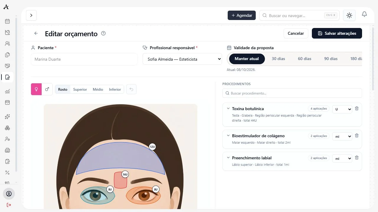 Tela do Atenza: planejamento facial, com dados demonstrativos.