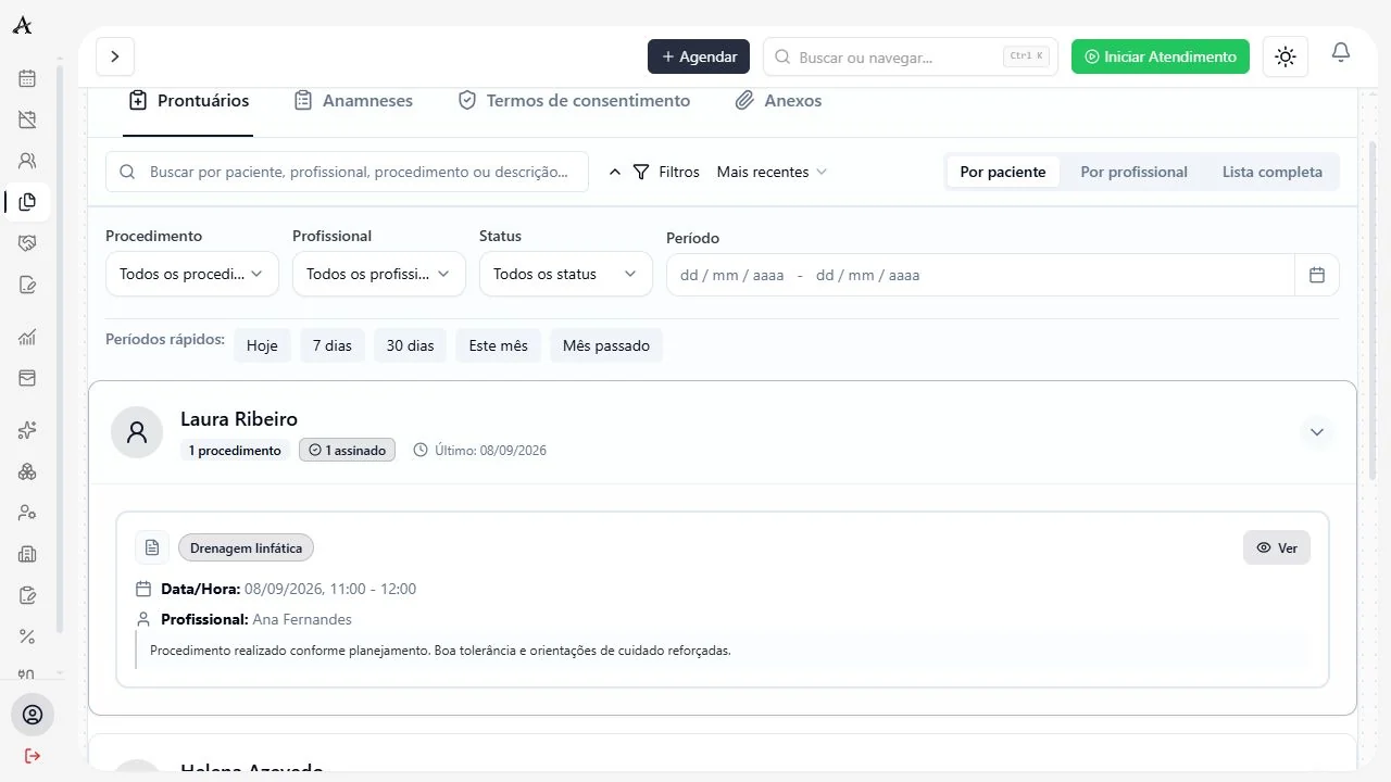 Tela do Atenza: prontuario, com dados demonstrativos.